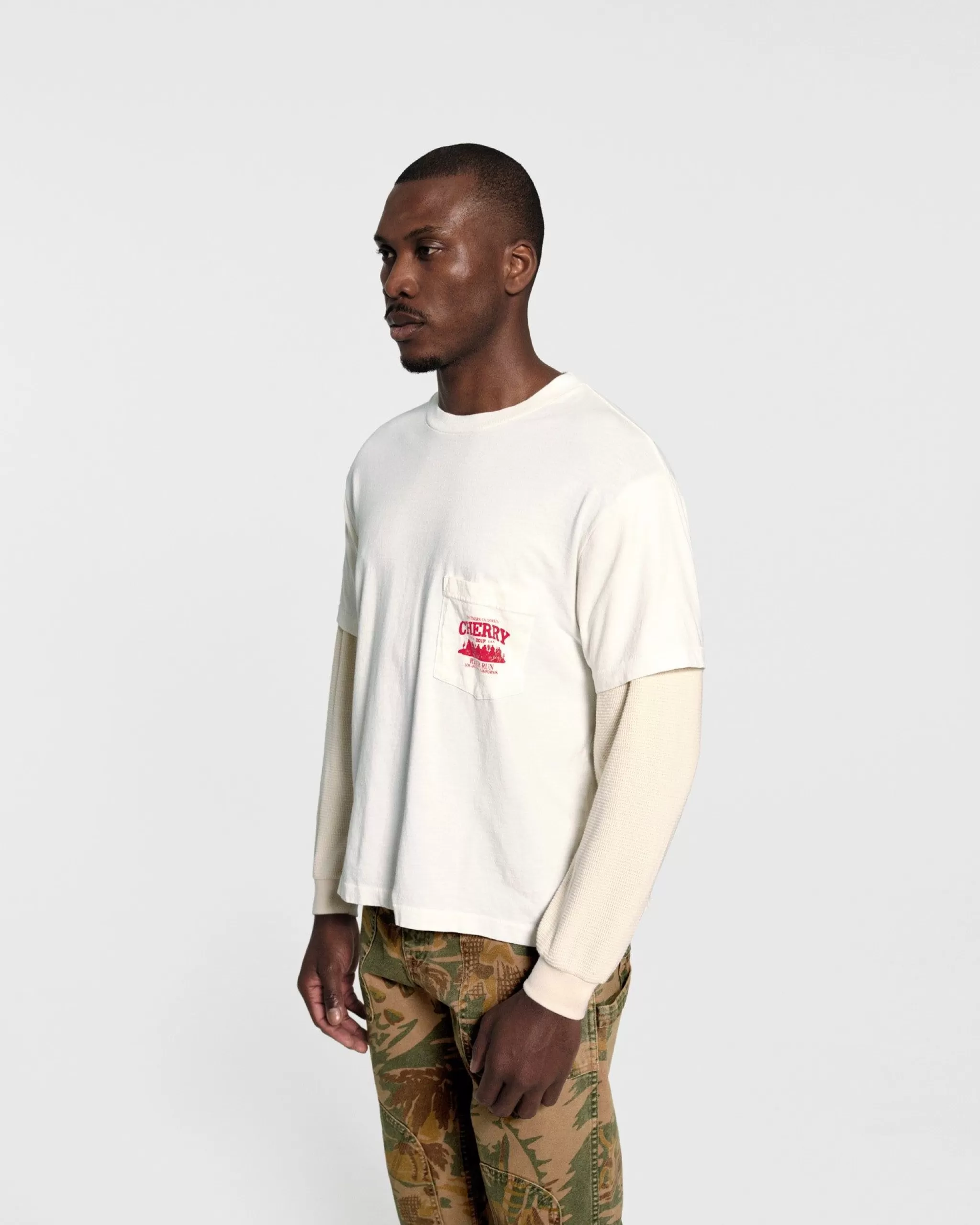 Cherry River Run Boxy Pocket Thermal L/S (Vintage Blanc)* T-Shirts Et Manches Longues